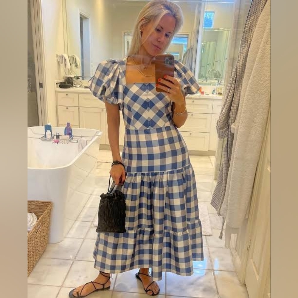 Hunter Bell Cassidy Blue and White Gingham Midi Dress Size 2 - Picture 4 of 8